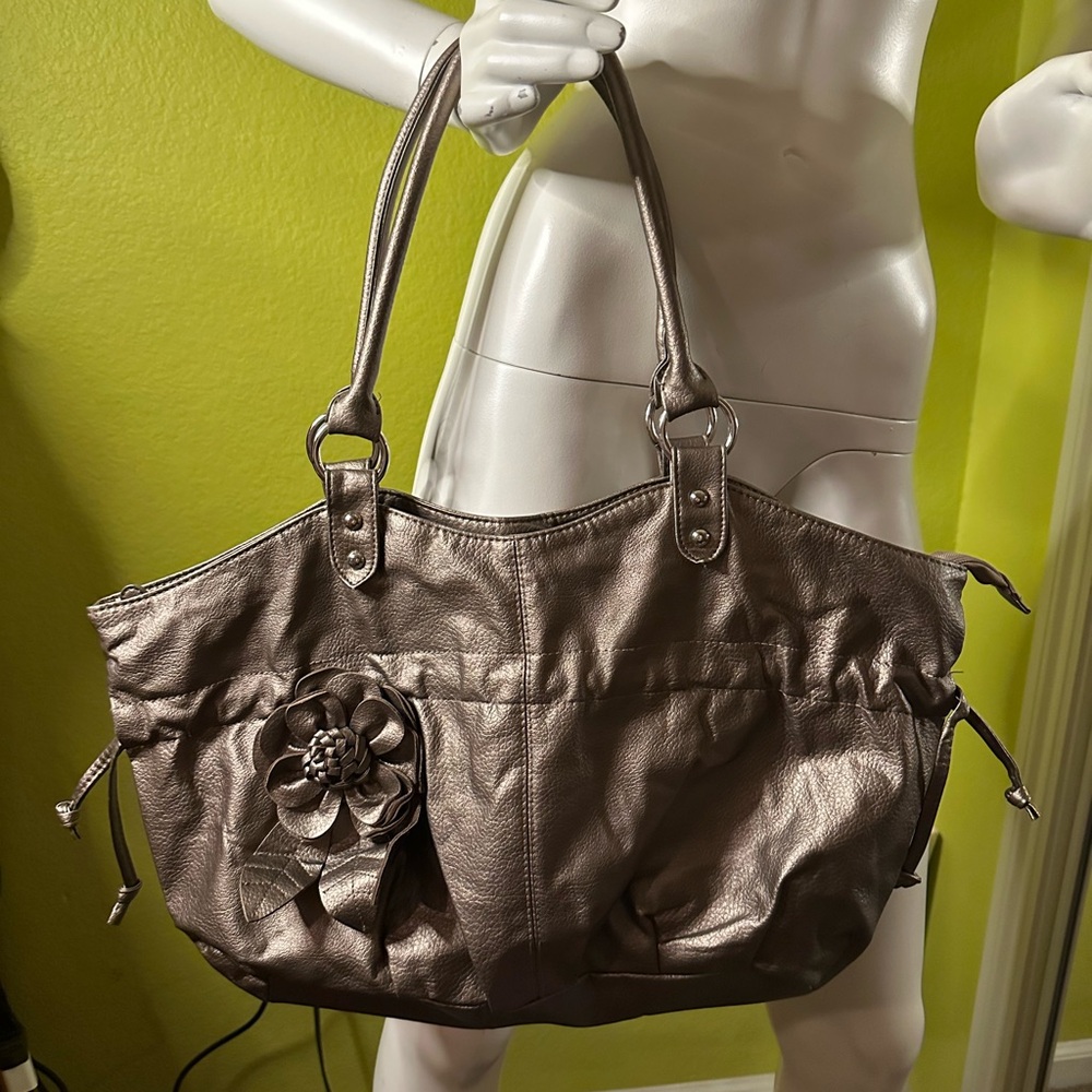 Bronze Wide Shoulder Bag with Adjustable Straps and Flower Detailing